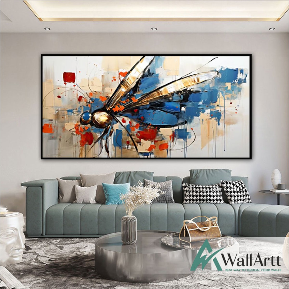 Abstract Blue Dragonfly 3d Heavy Textured Partial Oil Painting