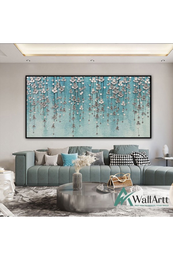 Silver Dangling Flowers 3d Heavy Textured Partial Oil Painting