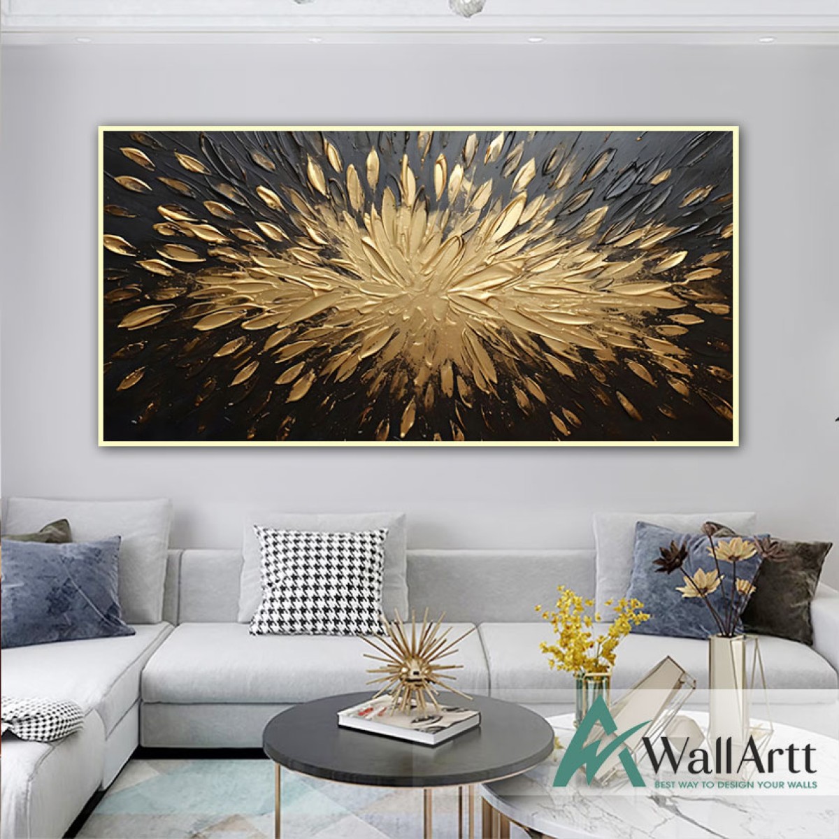 Abstract Gold Explosion 3d Heavy Textured Partial oil Painting