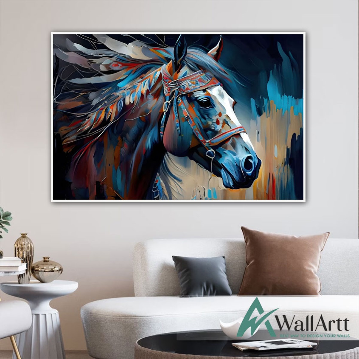 Blue Orange Horse 3D Heavy Textured Partial Oil Painting