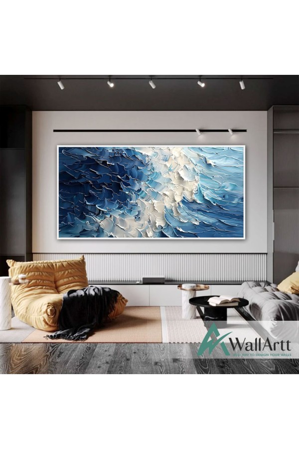 Abstract White Blue Waves II 3d Heavy Textured Partial Oil Painting