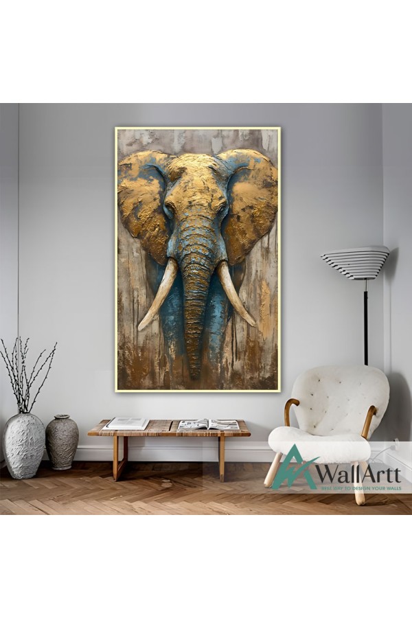 Gold Blue Elephant 3D Heavy Textured Partial Oil Painting