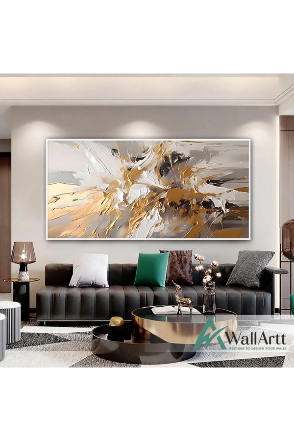 Abstract White n Gold Splashes 3d Heavy Textured Partial Oil Painting