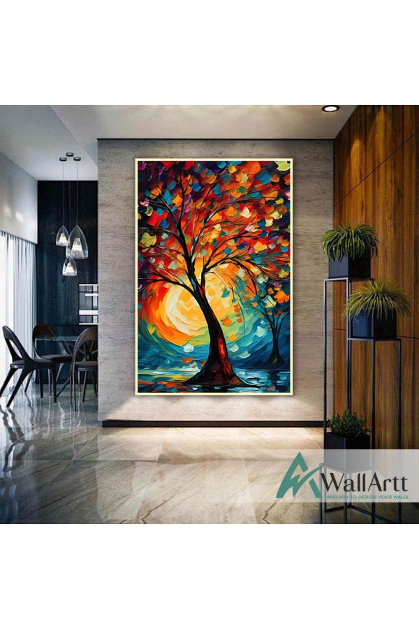 Abstract Colorful Tree at Sunset 3d Heavy Textured Partial Oil Painting