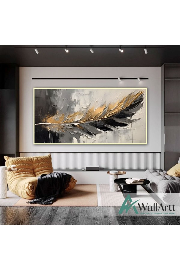 Abstract Gold Black Feather 3d Heavy Textured Partial Oil Painting