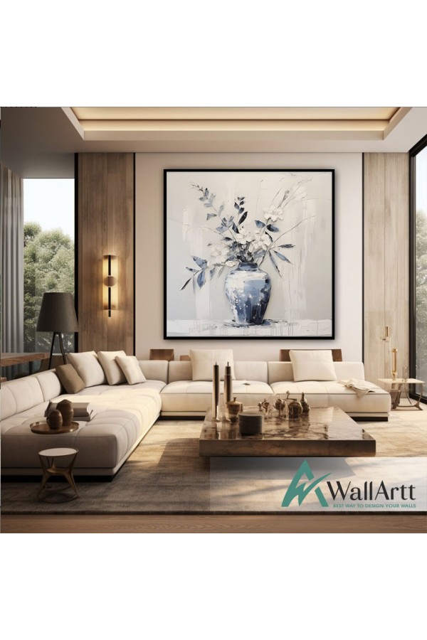 White Flowers in Vase 3d Heavy Textured Partial Oil Painting - Wall Art