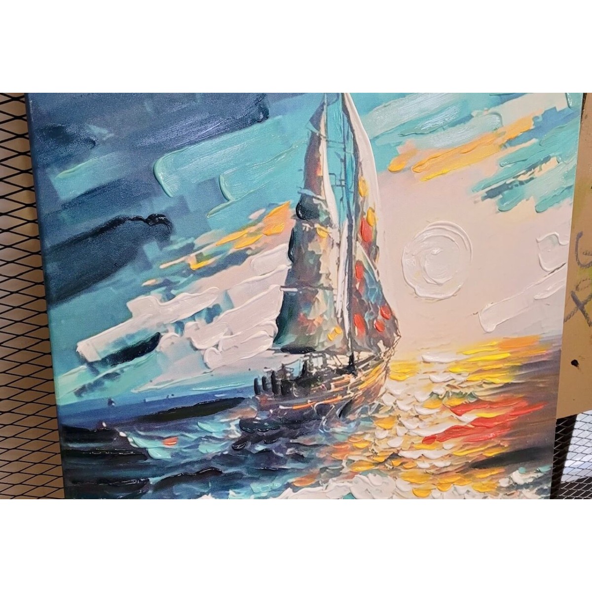 Turq Sailboat 3D Heavy Textured Partial Oil Painting