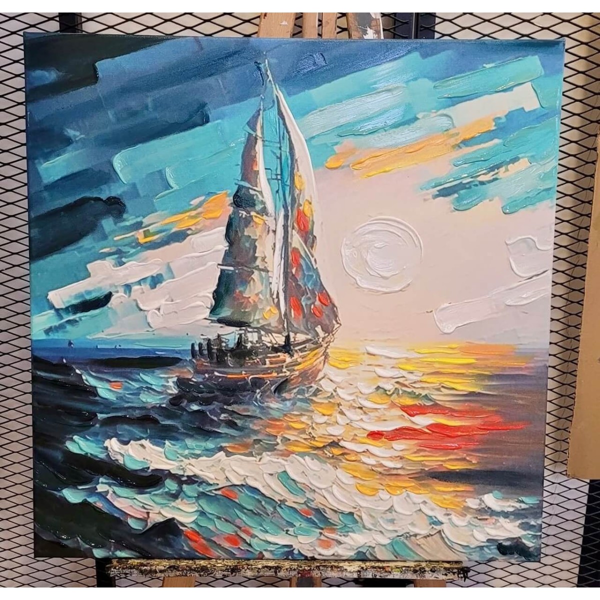 Turq Sailboat 3D Heavy Textured Partial Oil Painting