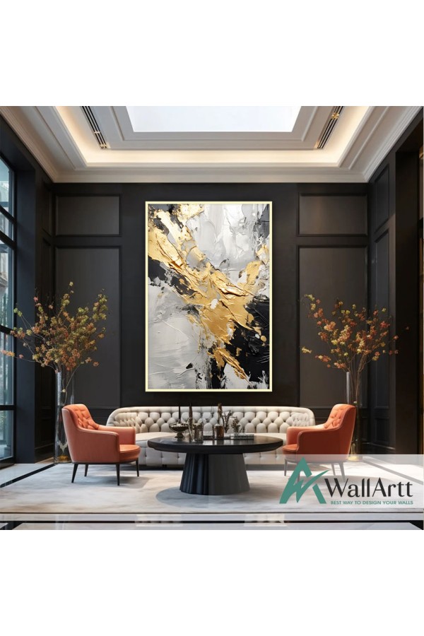Black White with Gold Foil III 3d Heavy Textured Partial Oil Painting - Wall Art