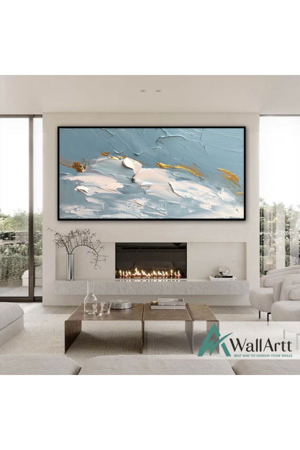 Baby Blue Gold Abstract 3d Heavy Textured Partial Oil Painting - Wall Art