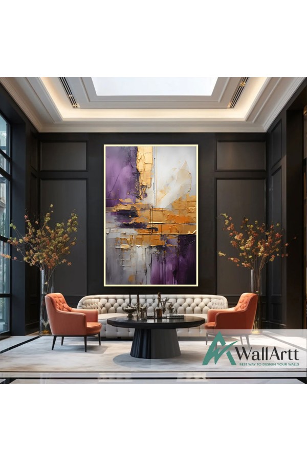 Purple Gold Abstract 3d Heavy Textured Partial Oil Painting - Wall Art