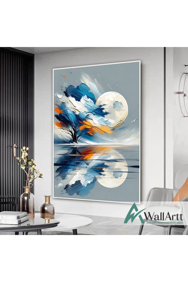 Abstract Blue Tree and the Moon 3d Heavy Textured Partial Oil Painting - Wall Art