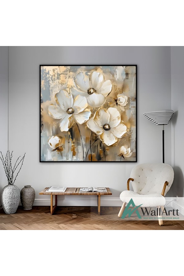 Cream Gold Foil Flowers 3d Heavy Textured Partial Oil Painting - Wall Art