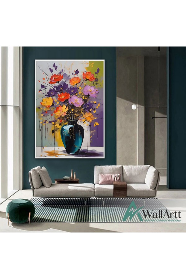 Orange Purple Flowers 3d Heavy Textured Partial Oil Painting - Wall Art