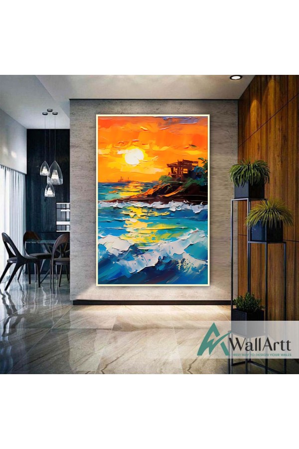 Sunset Coast 3d Heavy Textured Partial Oil Painting - Wall Art