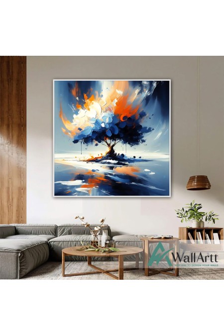 Abstract Orange Blue Tree III 3d Heavy Textured Partial Oil Painting - Wall Art