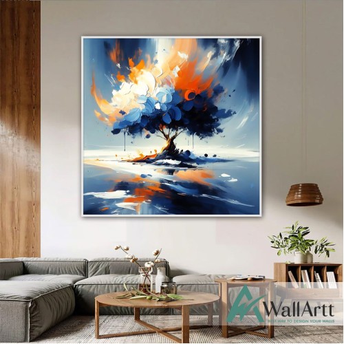 Abstract Orange Blue Tree III 3d Heavy Textured Partial Oil Painting - Wall Art