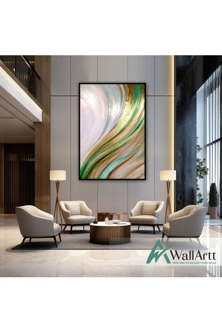 Abstract Gold Green 3d Heavy Textured Partial Oil Painting - Wall Art