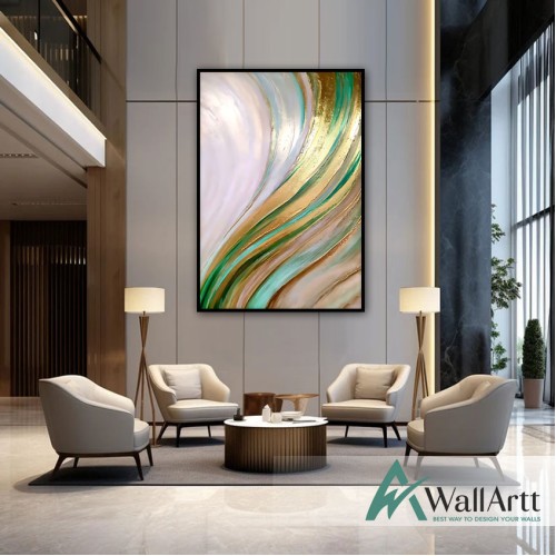 Abstract Gold Green 3d Heavy Textured Partial Oil Painting - Wall Art