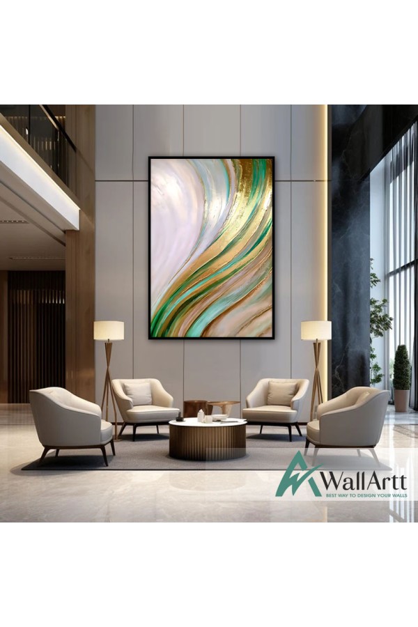 Abstract Gold Green 3d Heavy Textured Partial Oil Painting - Wall Art