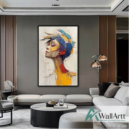 Abstract Colorful Woman Face 3D Heavy Textured Partial oil Painting - Wall Art