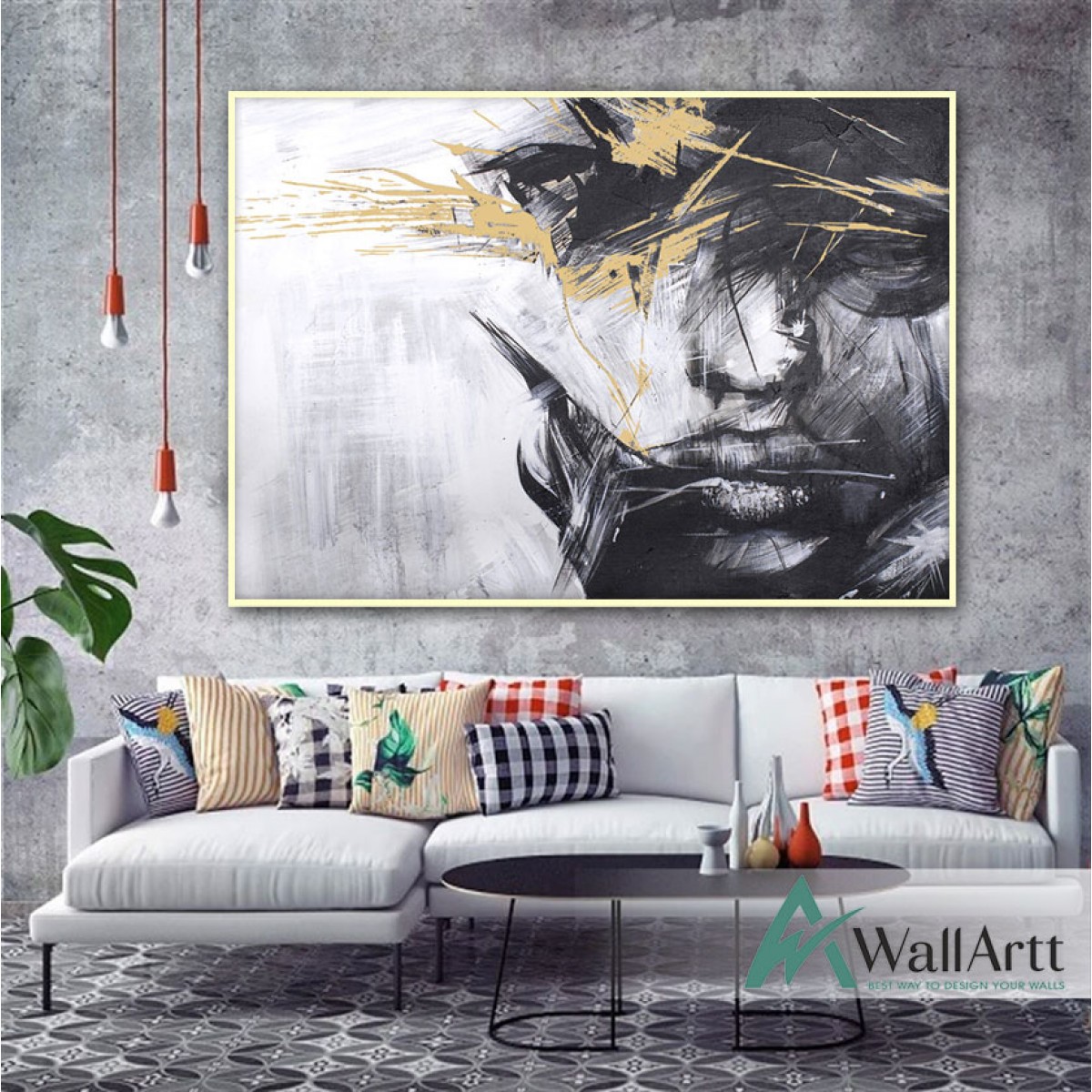 Abstract Black n White Woman with Gold Foil Textured Partial Oil Painting