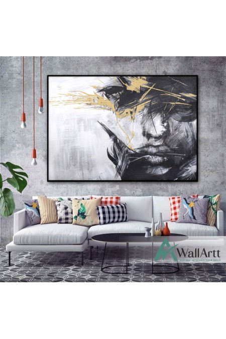 Abstract Black n White Woman with Gold Foil Textured Partial Oil Painting
