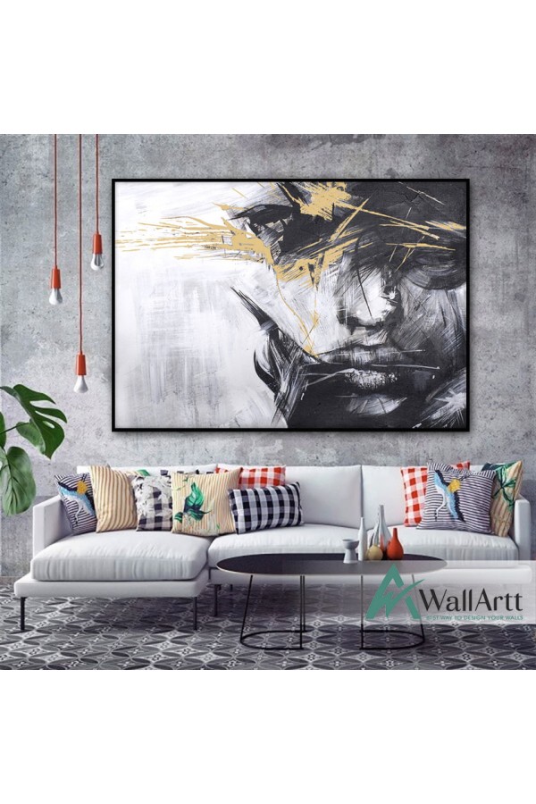 Abstract Black n White Woman with Gold Foil Textured Partial Oil Painting