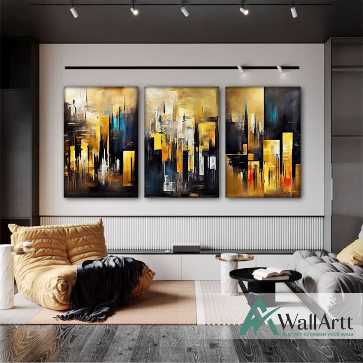 Gold Skyscrapers 3 Piece Textured Partial Oil Painting