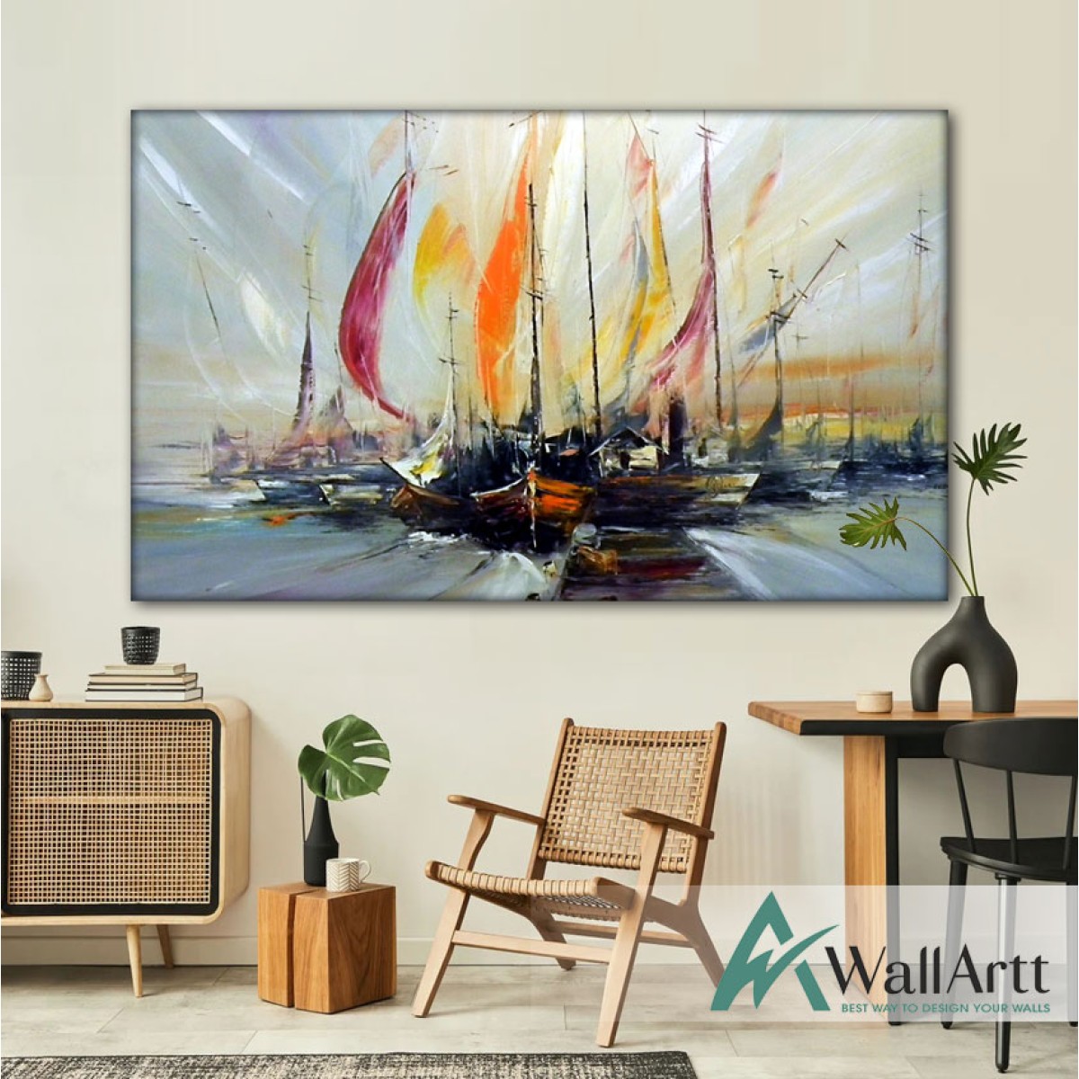Red Orange Sailboats Textured Partial Oil Painting
