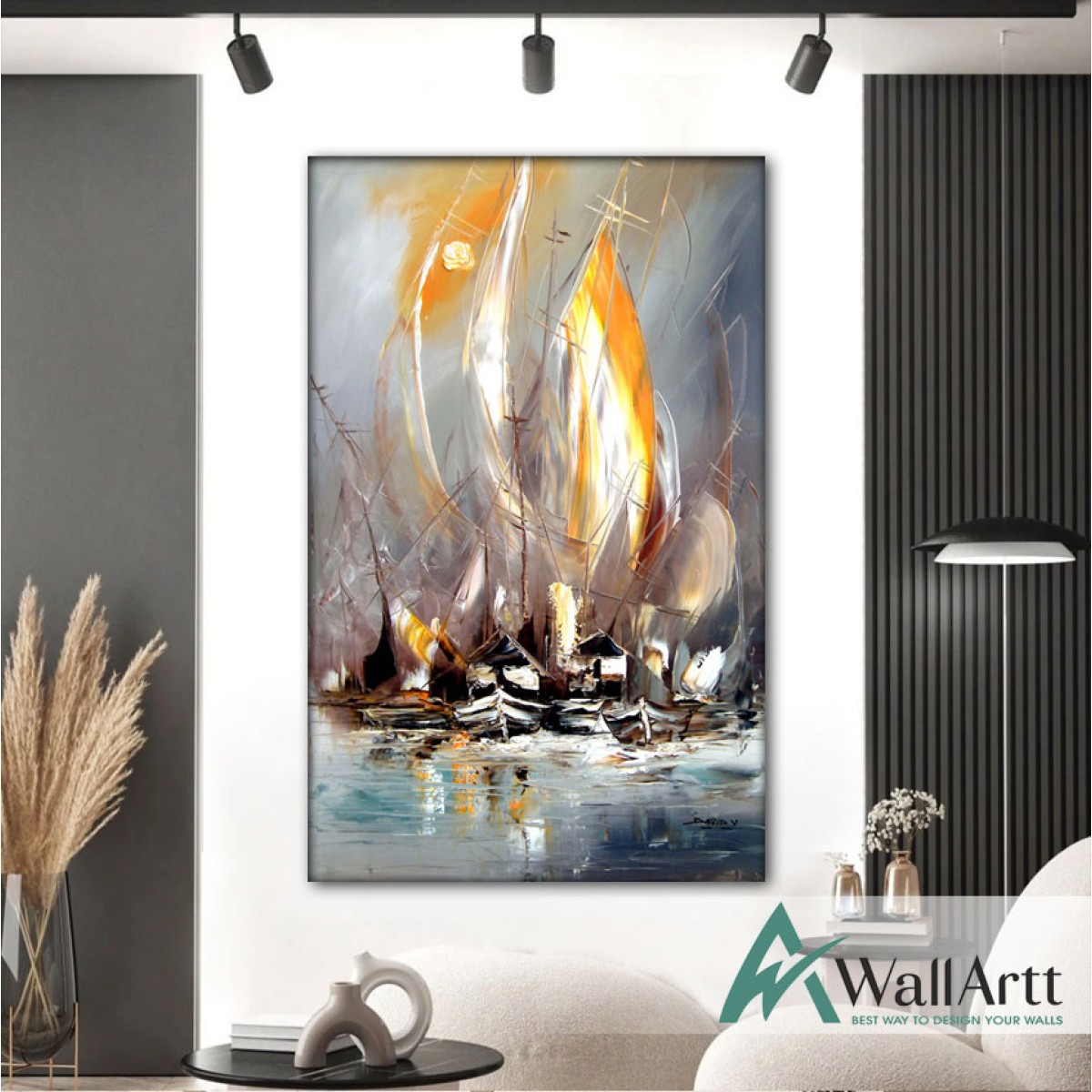 Abstract Orange Sailboats Textured Partial Oil Painting
