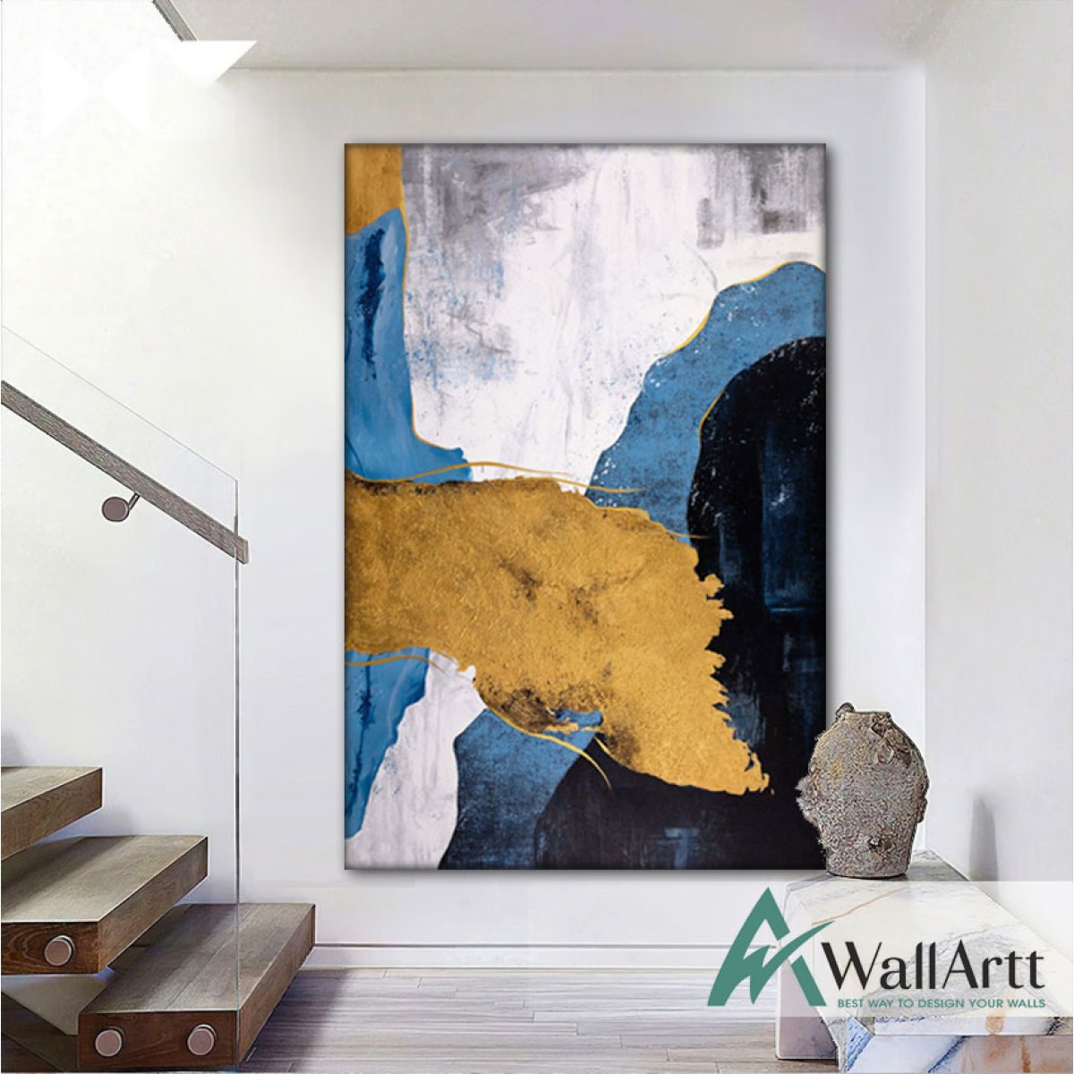 Blue with Gold Foil Textured Partial Oil Painting