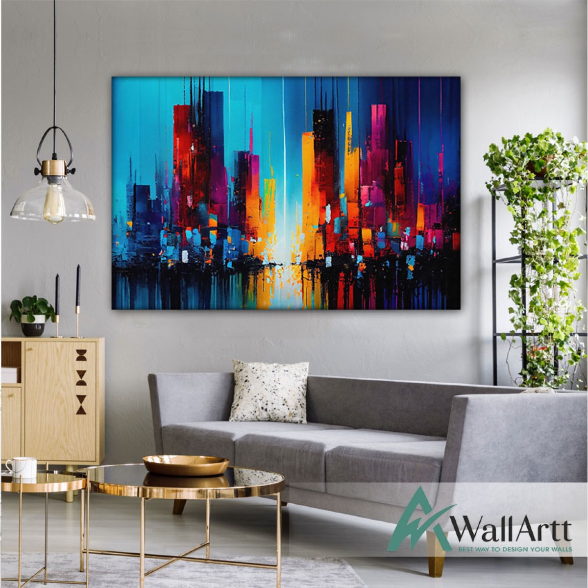 Orange Blue Skyscrapers Textured Partial Oil Painting
