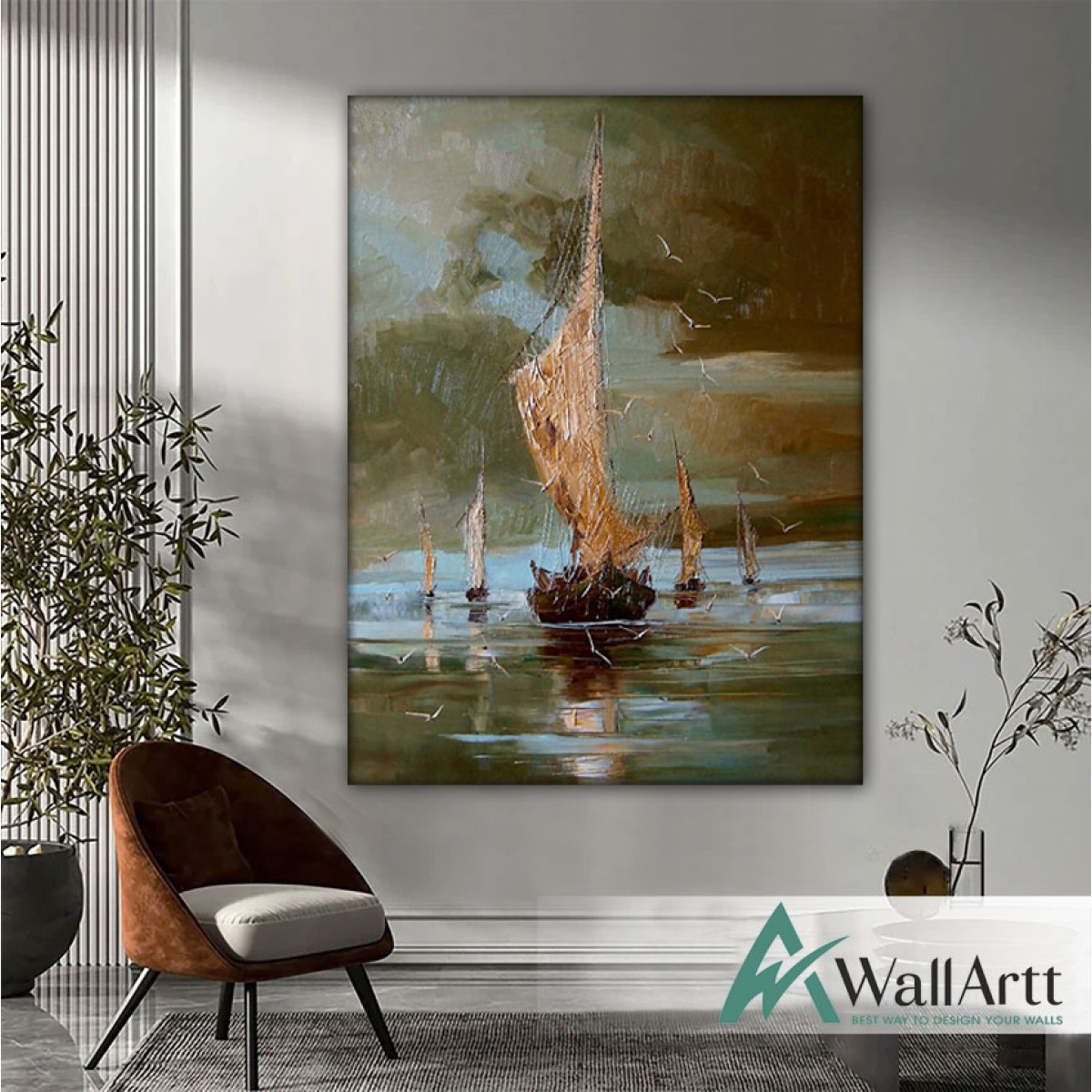 Five Sailboats Textured Partial Oil Painting