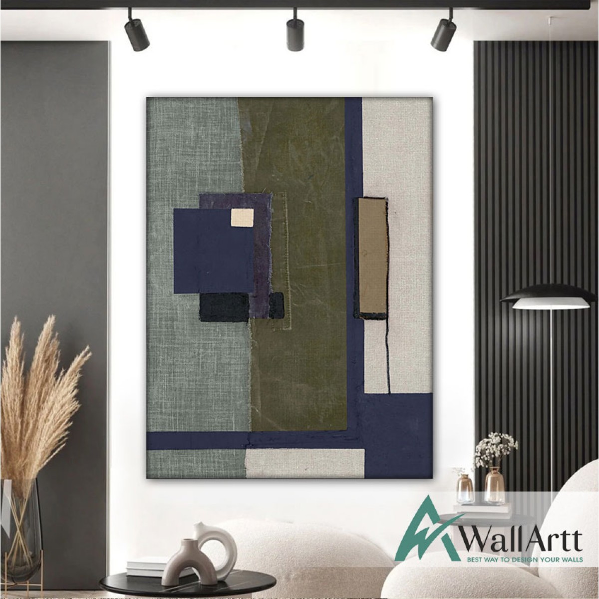 Dark Green Navy Abstract Textured Partial Oil Painting