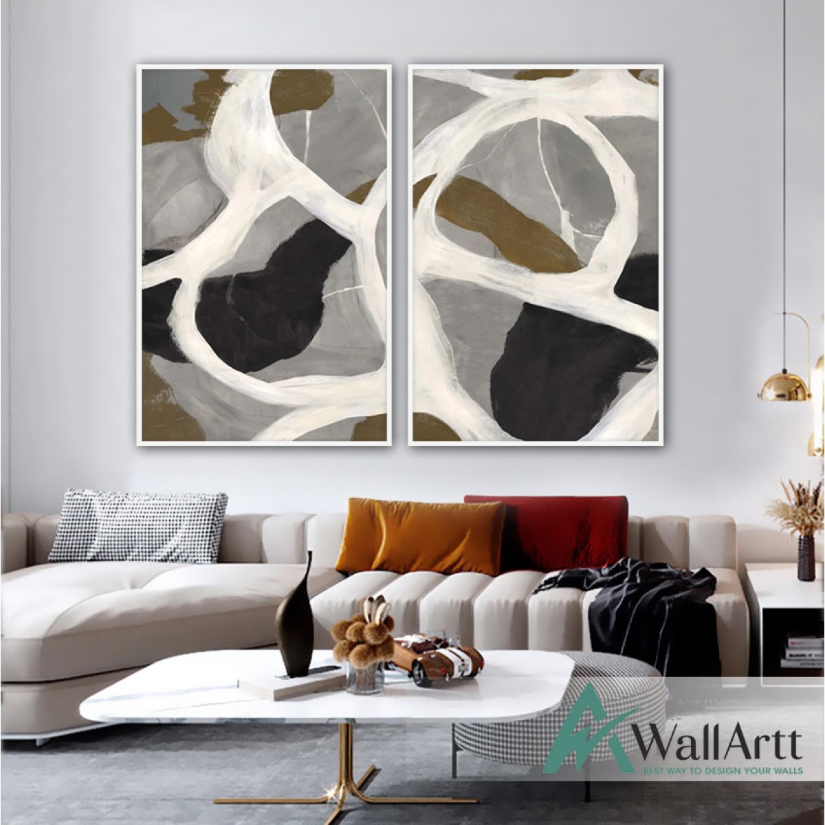 Abstract White Khaki 2 Piece Textured Partial Oil Painting