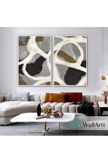 Abstract White Khaki 2 Piece Textured Partial Oil Painting