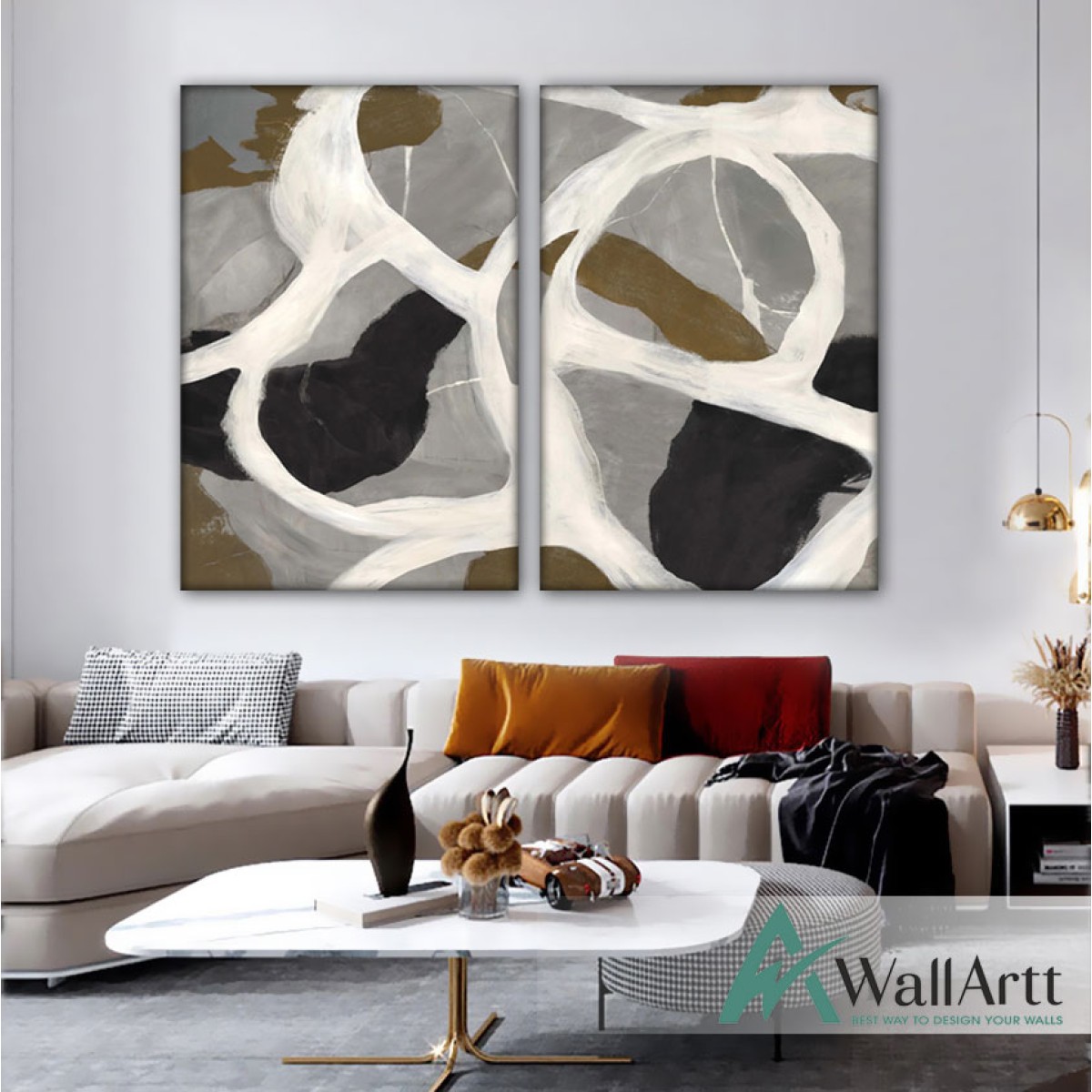 Abstract White Khaki 2 Piece Textured Partial Oil Painting