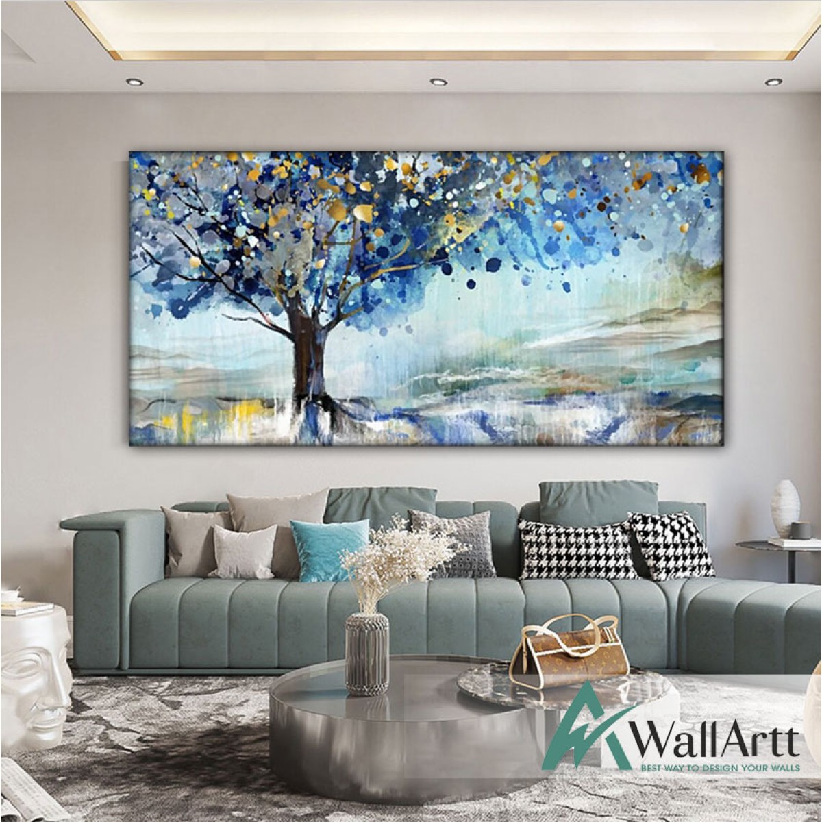 Gold Blue Tree Textured Partial Oil Painting