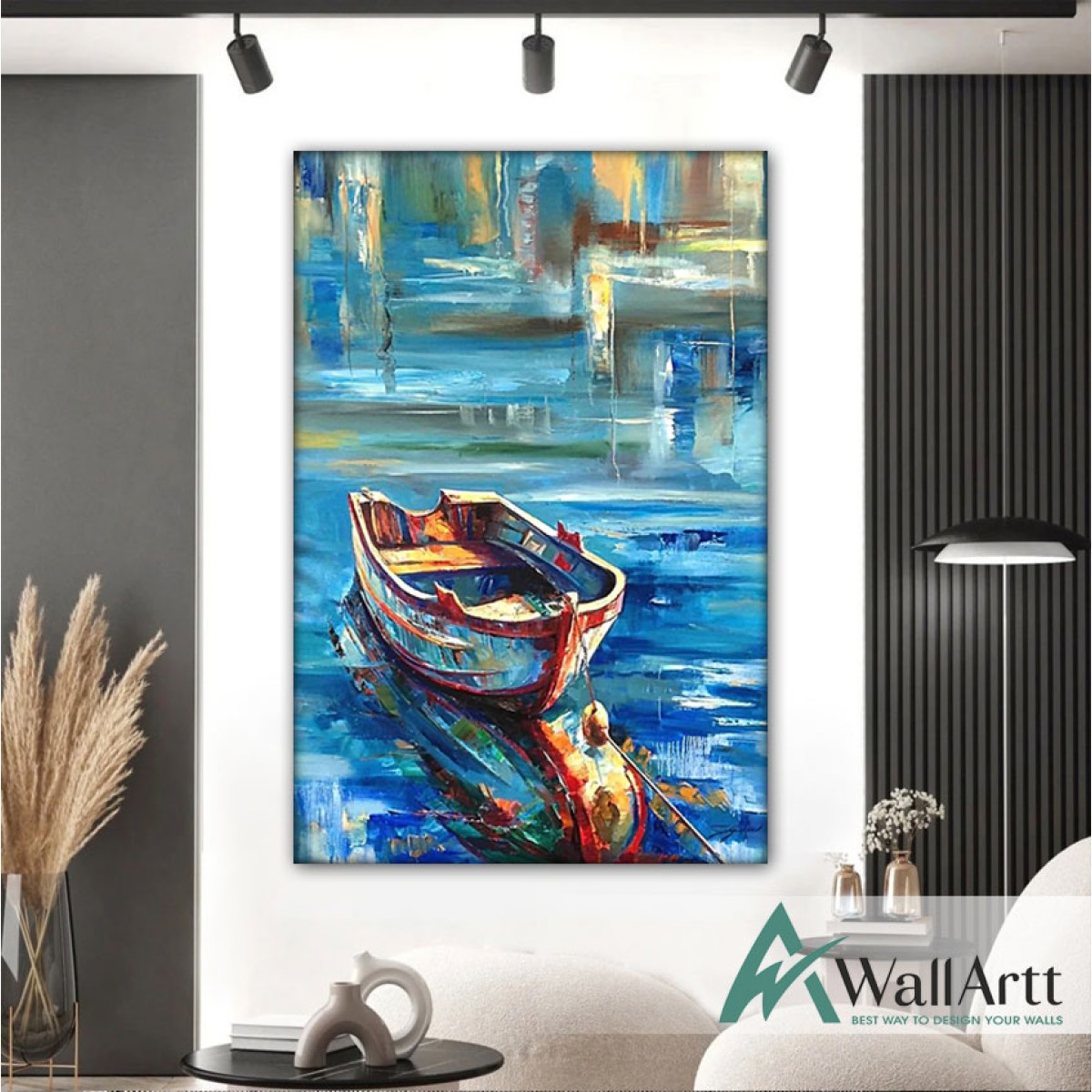 Abstract Blue Boat Textured Partial Oil Painting