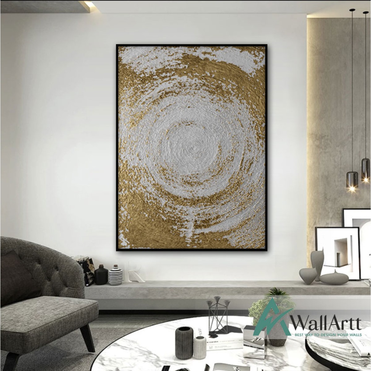 Abstract Gold Circle Textured Partial Oil Painting