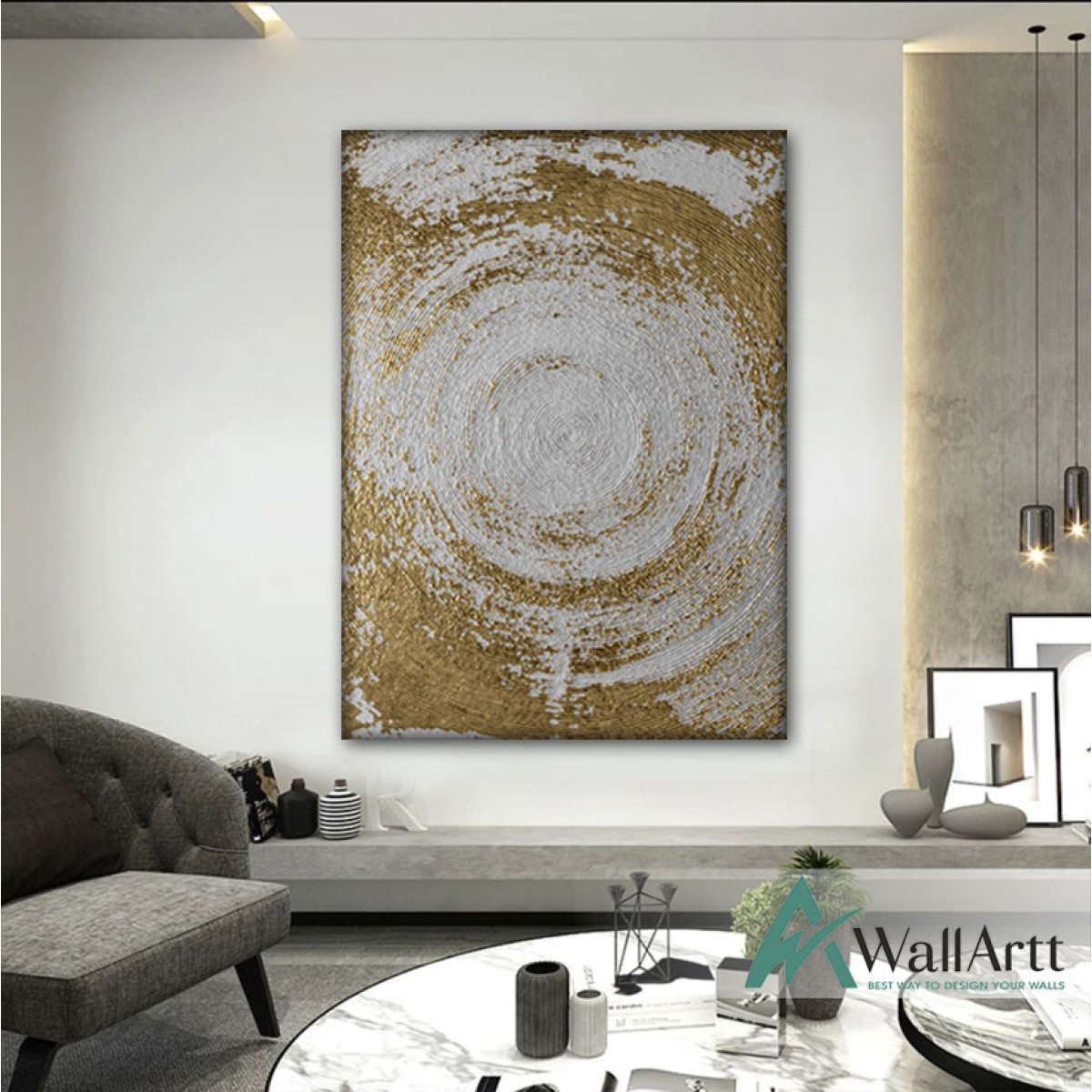 Abstract Gold Circle Textured Partial Oil Painting