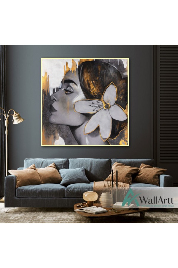 Gold Flower Woman Textured Partial Oil Painting