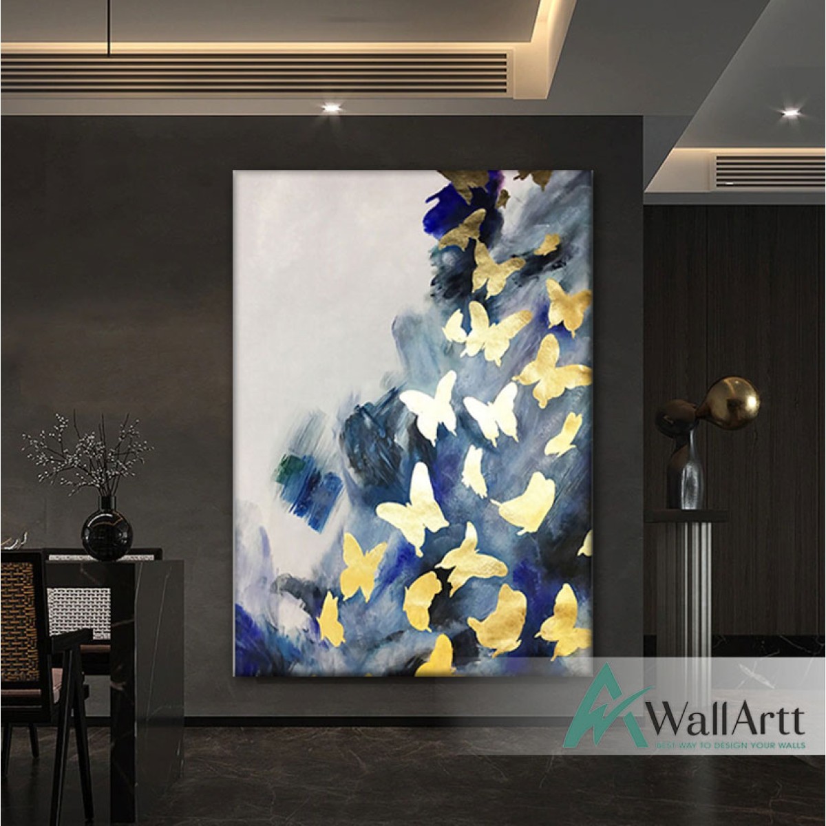 Abstract Gold Butterflies II Textured Partial Oil Painting