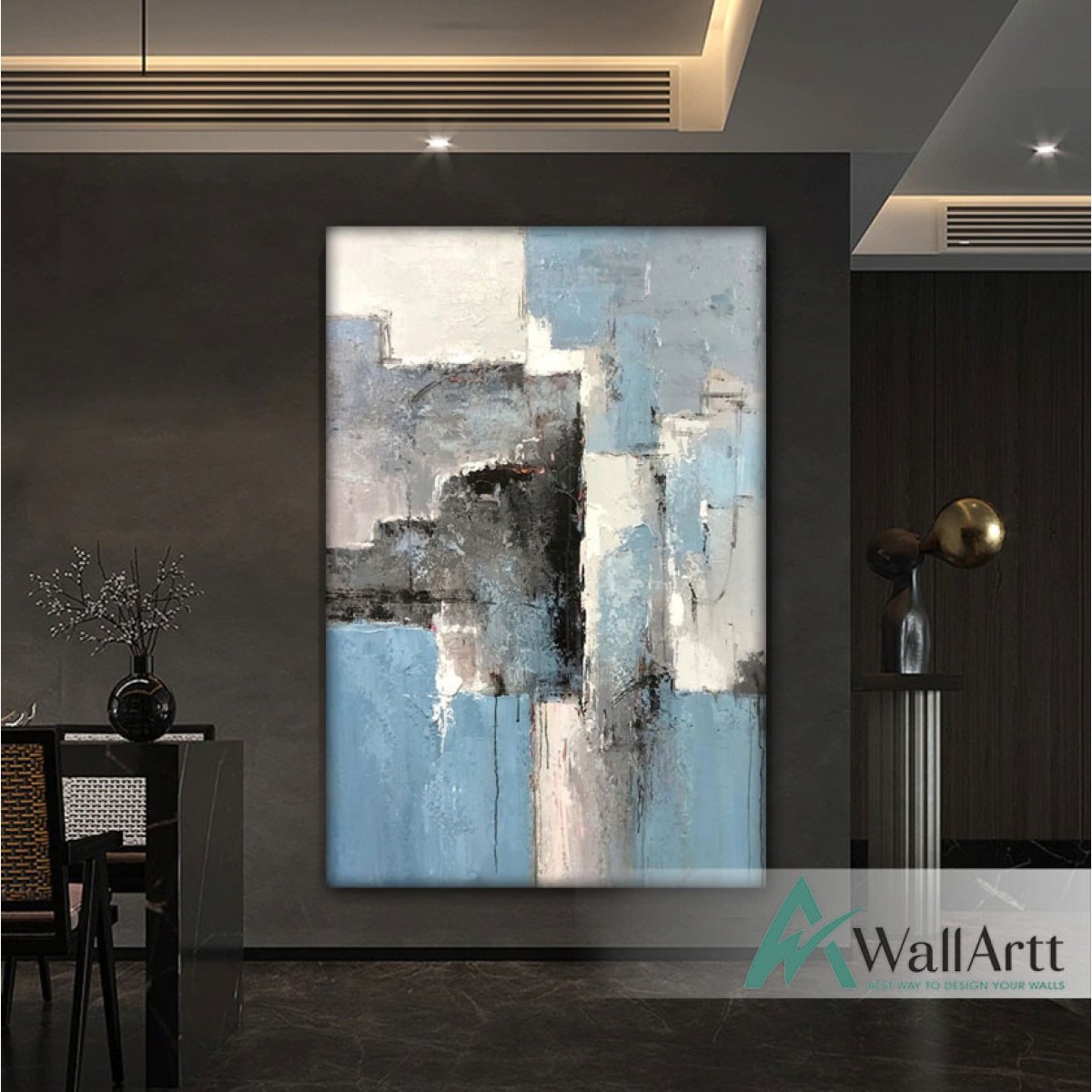 Abstract Shades of Blue Textured Partial Oil Painting