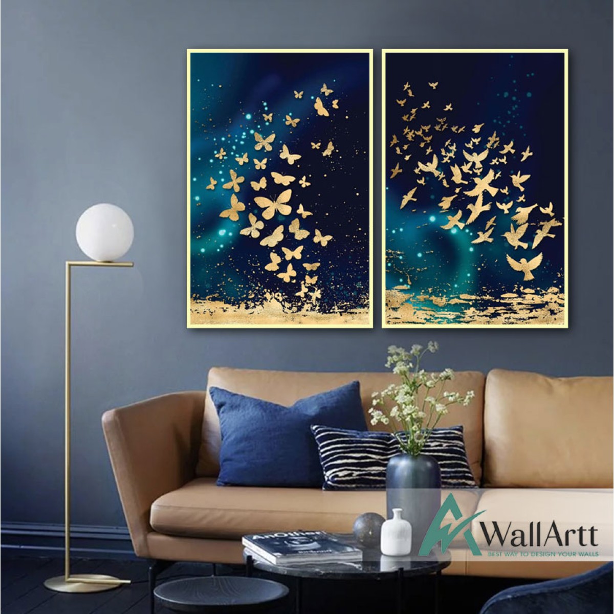 Gold Butterflies 2 Piece Textured Partial Oil Painting