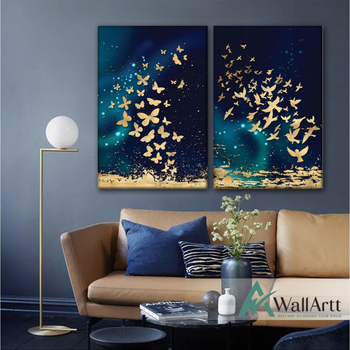 Gold Butterflies 2 Piece Textured Partial Oil Painting