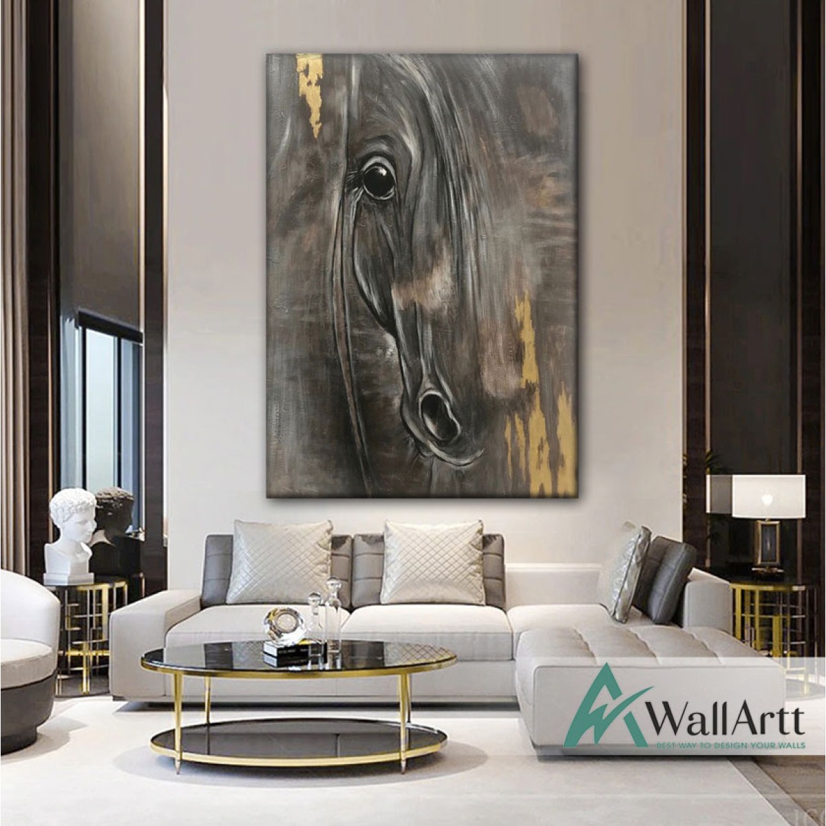 Abstract Horse with Gold Foil Textured Partial Oil Painting