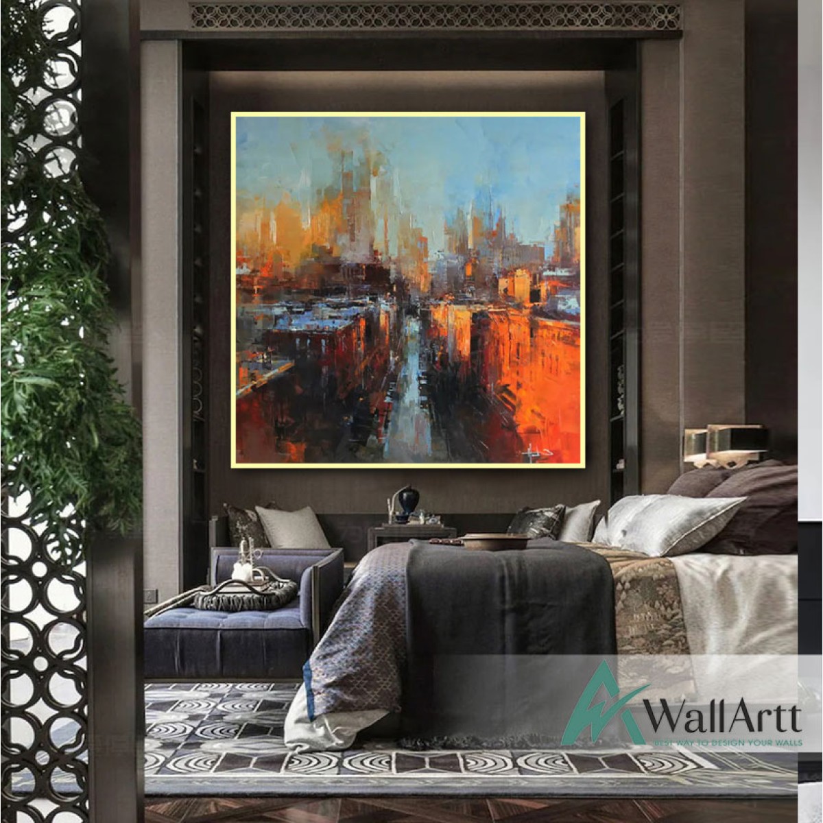 Abstract Orange City Night Textured Partial Oil Painting