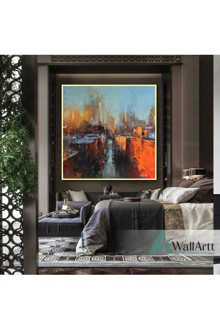 Abstract Orange City Night Textured Partial Oil Painting